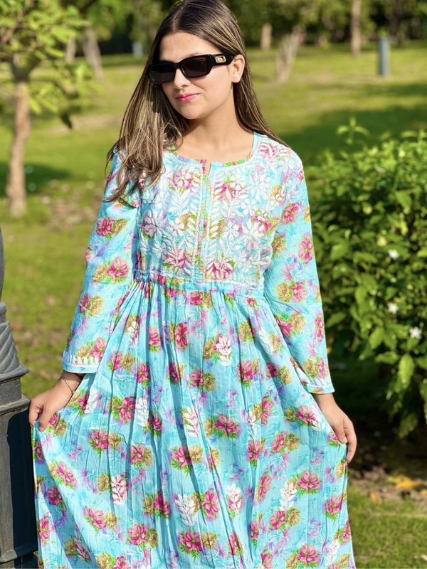 Blue Floral Chikankari Anarkali