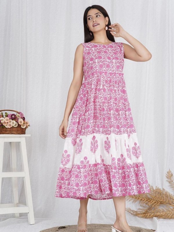 Pink Floral Tiered Dress